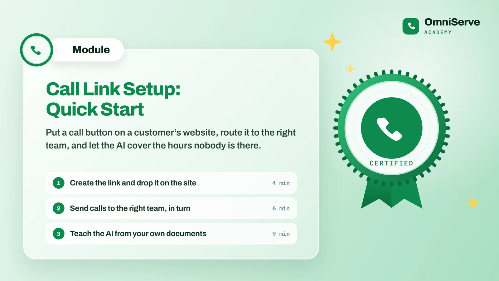 A module card titled Call Link Setup: Quick Start, with a certified badge and three steps: create the link and drop it on the site, send calls to the right team in turn, and teach the AI from your own documents