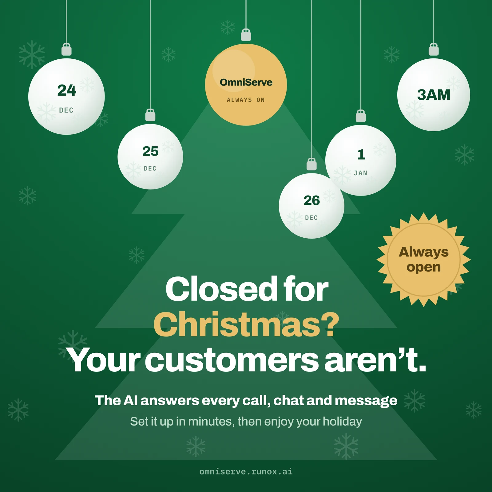 Christmas advert with baubles labelled 24 Dec, 25 Dec, 26 Dec, 1 Jan and 3AM, and a gold OmniServe bauble marked always on, with the headline closed for Christmas? Your customers aren't