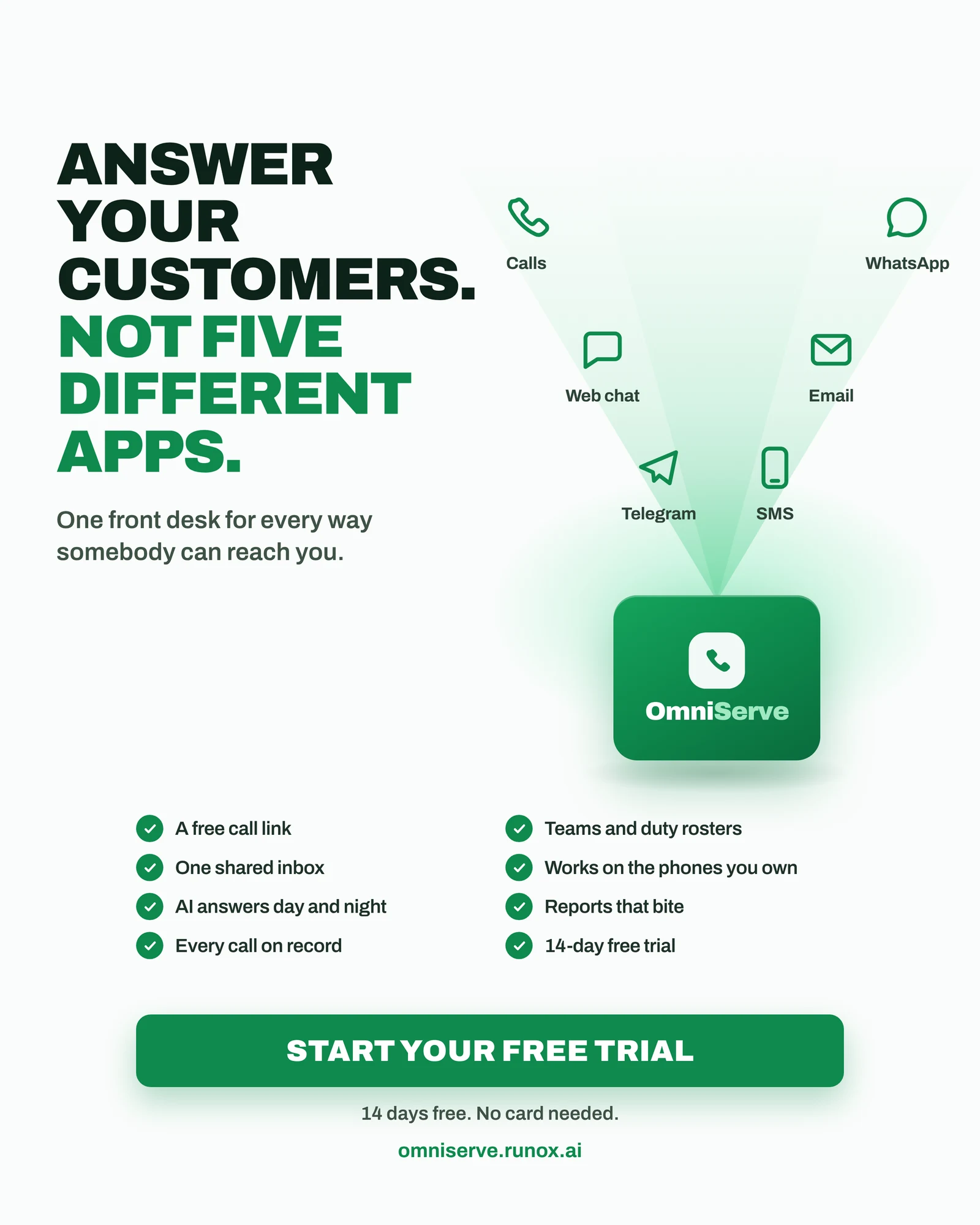 An OmniServe advert reading "Answer your customers. Not five different apps.", with calls, WhatsApp, web chat, email, Telegram and SMS converging on OmniServe, and a checklist: a free call link, one shared inbox, AI answers day and night, every call on record, teams and duty rosters, works on the phones you own, reports that bite, and a 14-day free trial